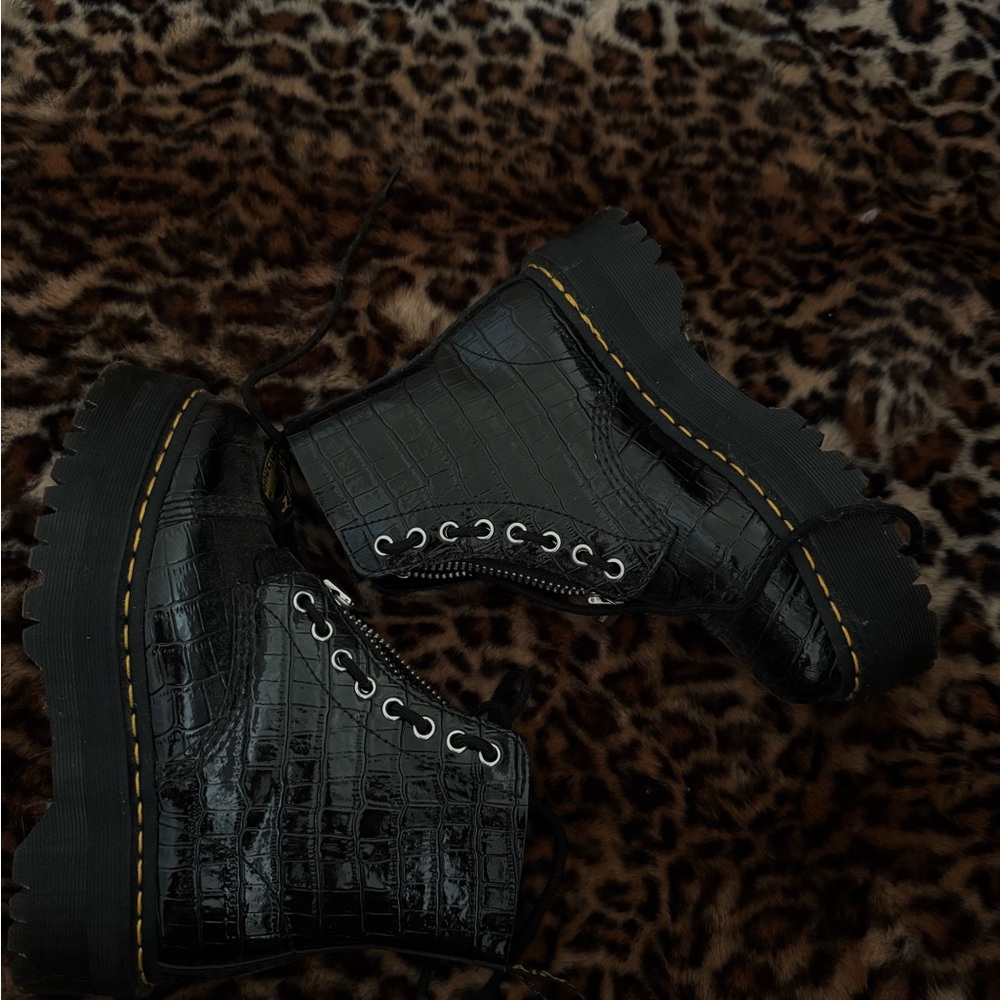 Black Croc-Embossed Platform Boots